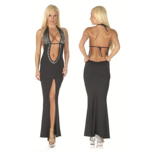 Bare Midriff Halter Top Gown With Rhinestone Detail