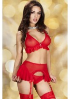 Red Ruffled Bra Apron Skirt Set with Attached Garter