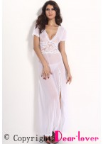 White Mesh and Lace V Neck Lingerie Gown